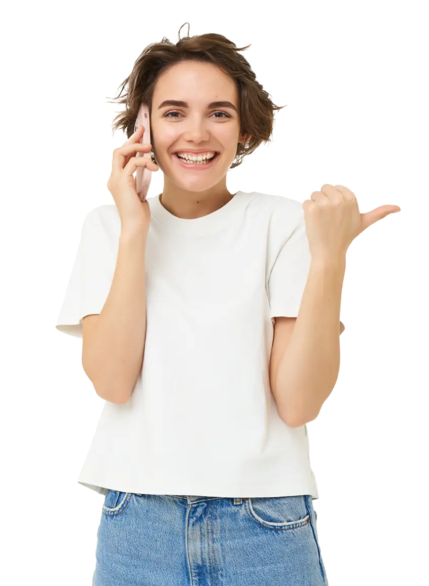 Smiling Pogo customer on the phone giving a thumbs up